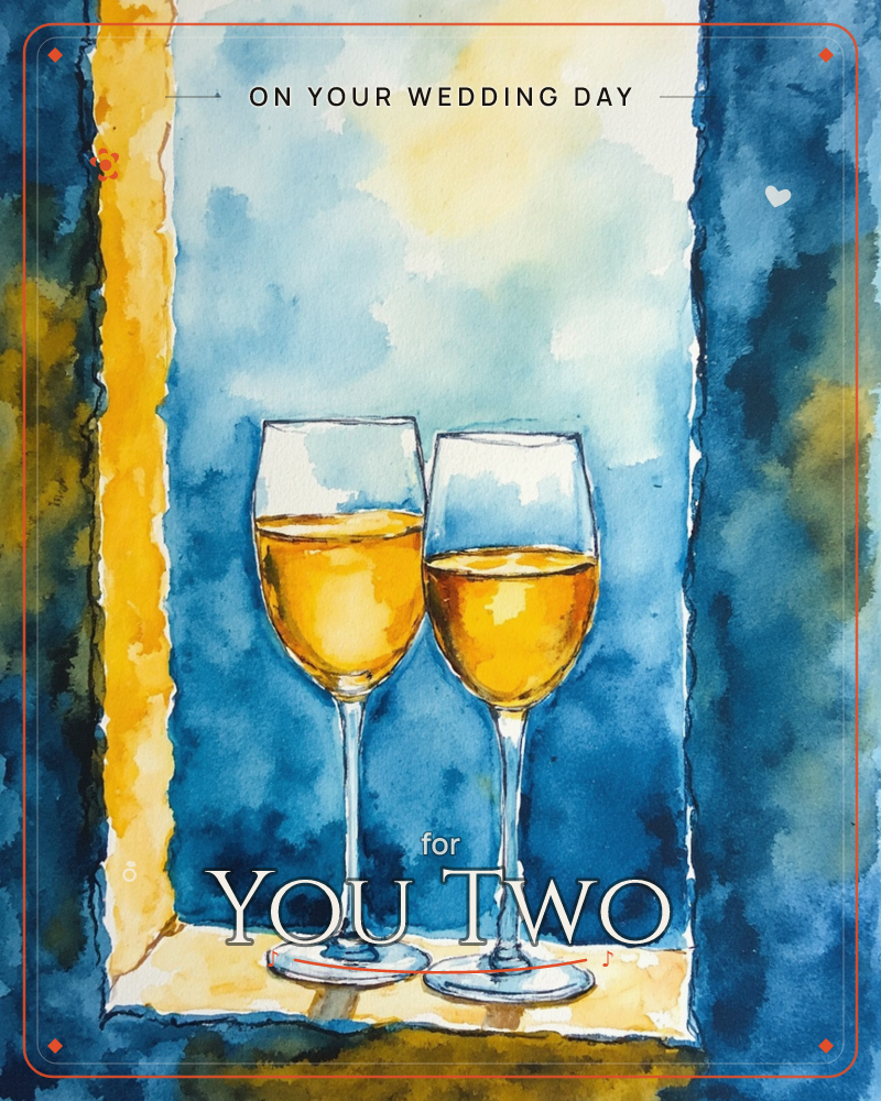 Two wine glasses filled with golden white wine stand side by side against a loose, moody wash of deep blues, with a streak of warm gold light falling…, a wedding e-card design