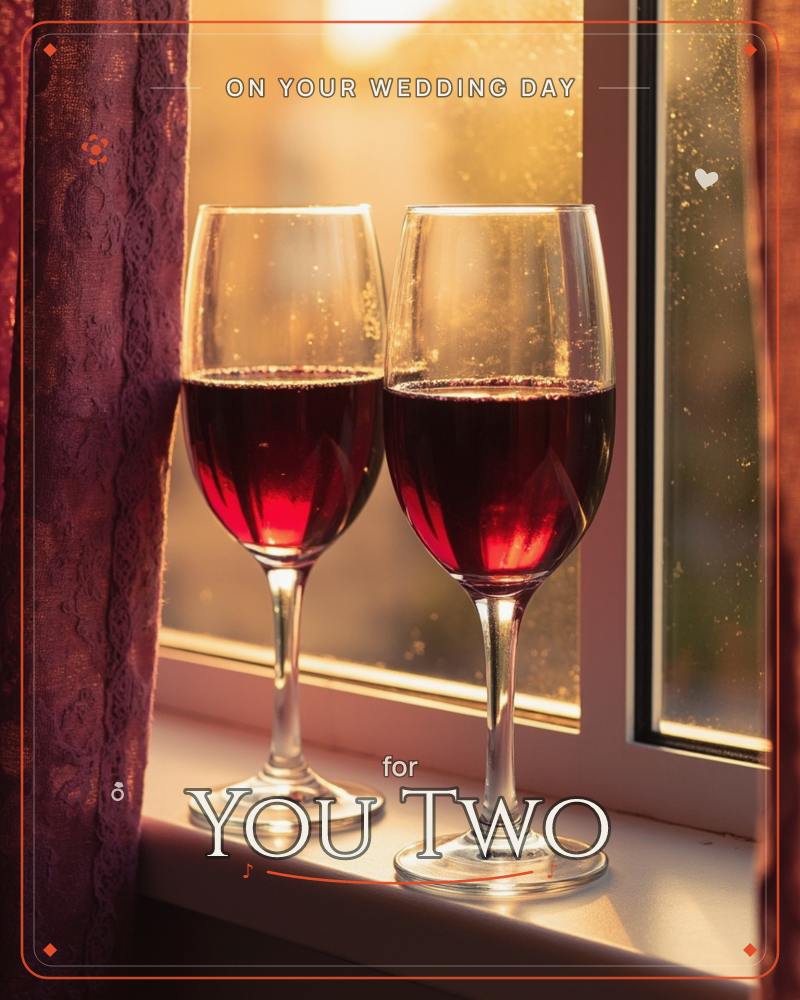 Two glasses of red wine sit side by side on a windowsill, backlit by warm golden evening light streaming through lace curtains, a wedding e-card design