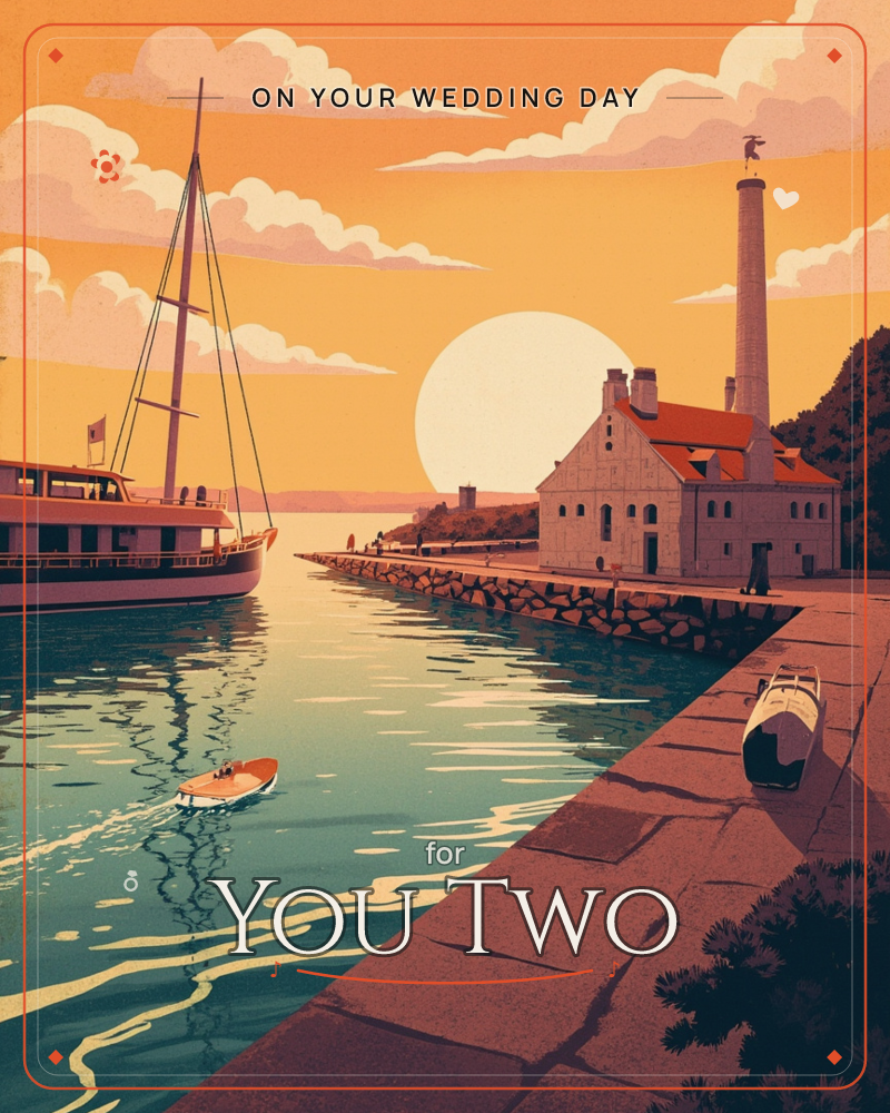 A harbour glows under a huge orange sunset, a sailboat and a small motorboat drifting on teal water beside a stone quay, a wedding e-card design