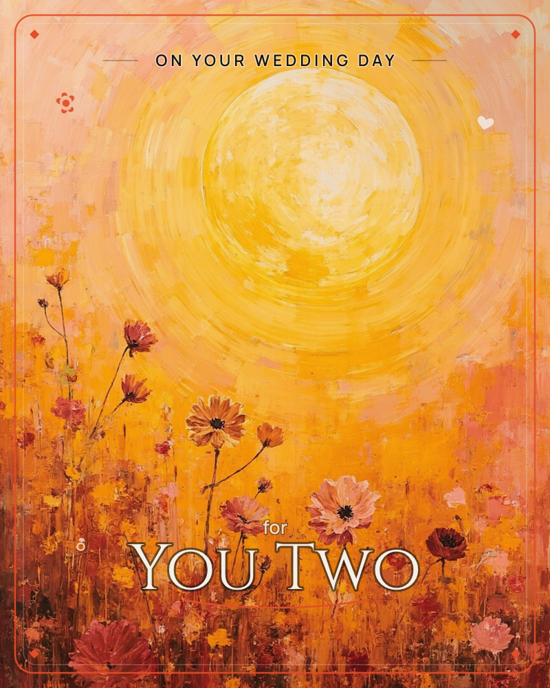 A radiant sun blazes at the top of the canvas in thick, circular brushstrokes of gold and cream, its warmth washing the whole sky amber and orange, a wedding e-card design