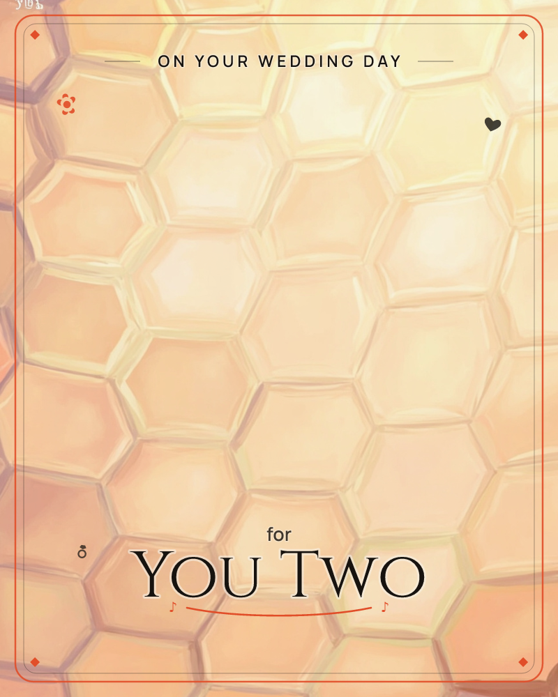 A close-up honeycomb pattern fills the whole card, each waxy hexagon cell painted with soft gradients of amber, peach and cream, a wedding e-card design