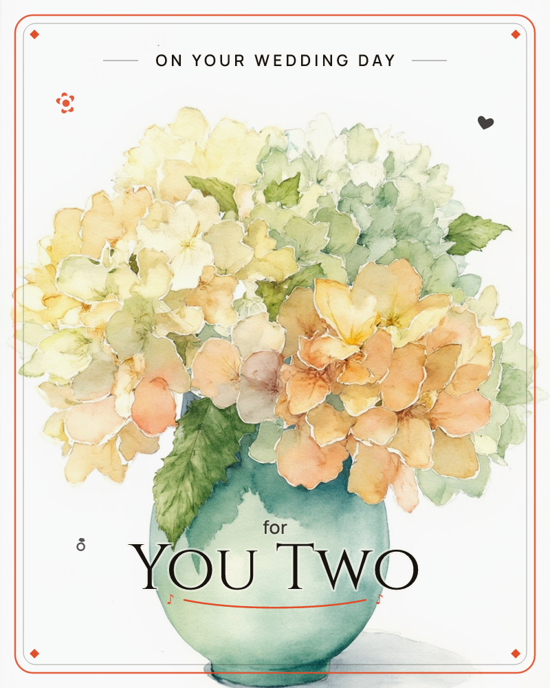 A rounded pale teal vase holds a lush bouquet of hydrangeas and full-blown roses, their petals shifting from creamy yellow to soft peach and sage green, a wedding e-card design
