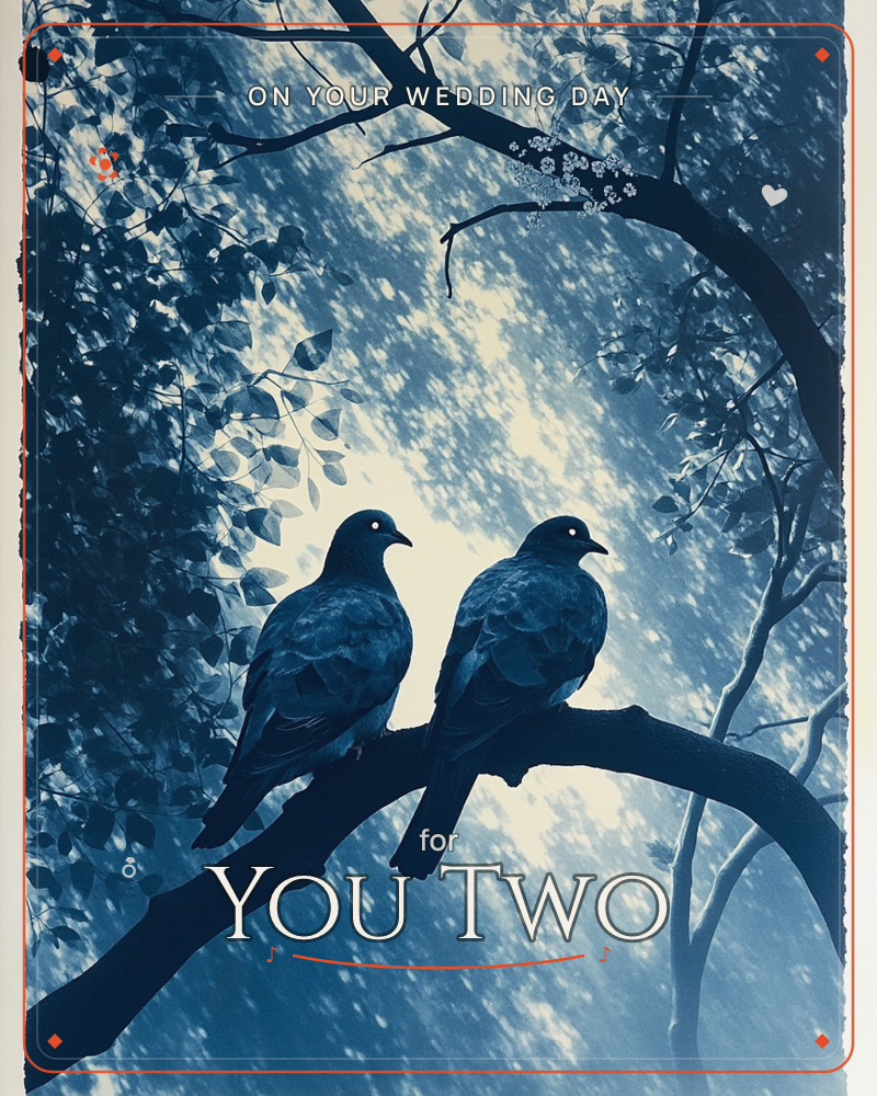Two plump doves sit close together on a curving branch, silhouetted against a dappled canopy of leaves lit from behind, a wedding e-card design