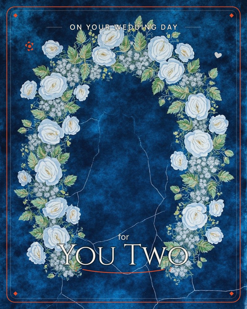 An arched garland of ivory-white roses and small blossoms curves like a doorway against a deep indigo background, with faint pale crack-like lines…, a wedding e-card design