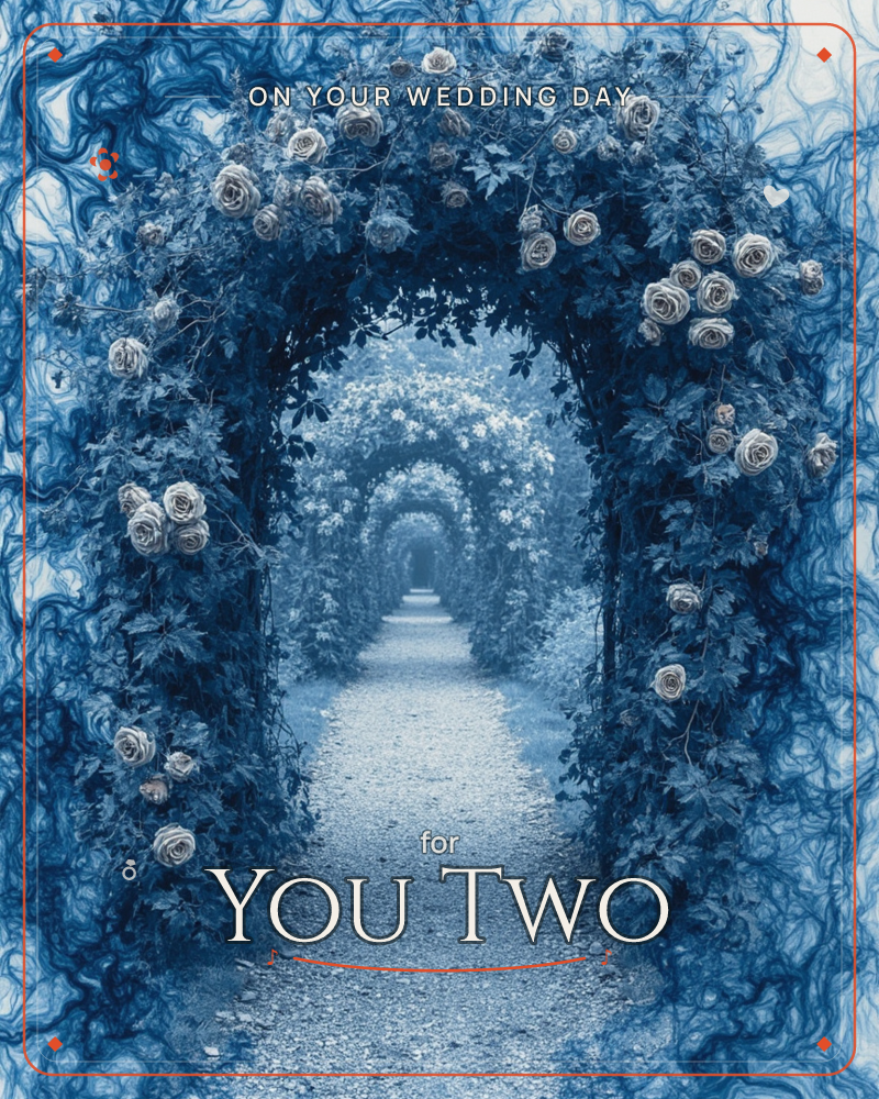 A tunnel of rose-covered garden arches recedes into misty distance, each arch dripping with pale blooms and trailing tendrils of vine rendered entirely…, a wedding e-card design