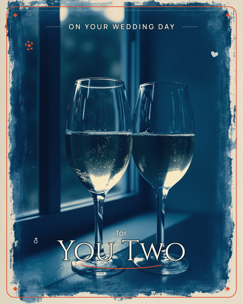 Two wine glasses filled with pale sparkling liquid sit side by side on a windowsill, backlit by soft evening light through a windowpane, a wedding e-card design