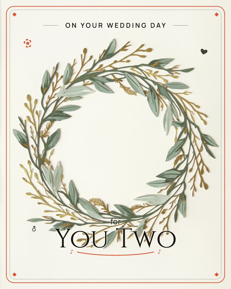 A round wreath of eucalyptus-toned leaves and slender gilded twigs sits against a soft, vignetted cream background, a wedding e-card design
