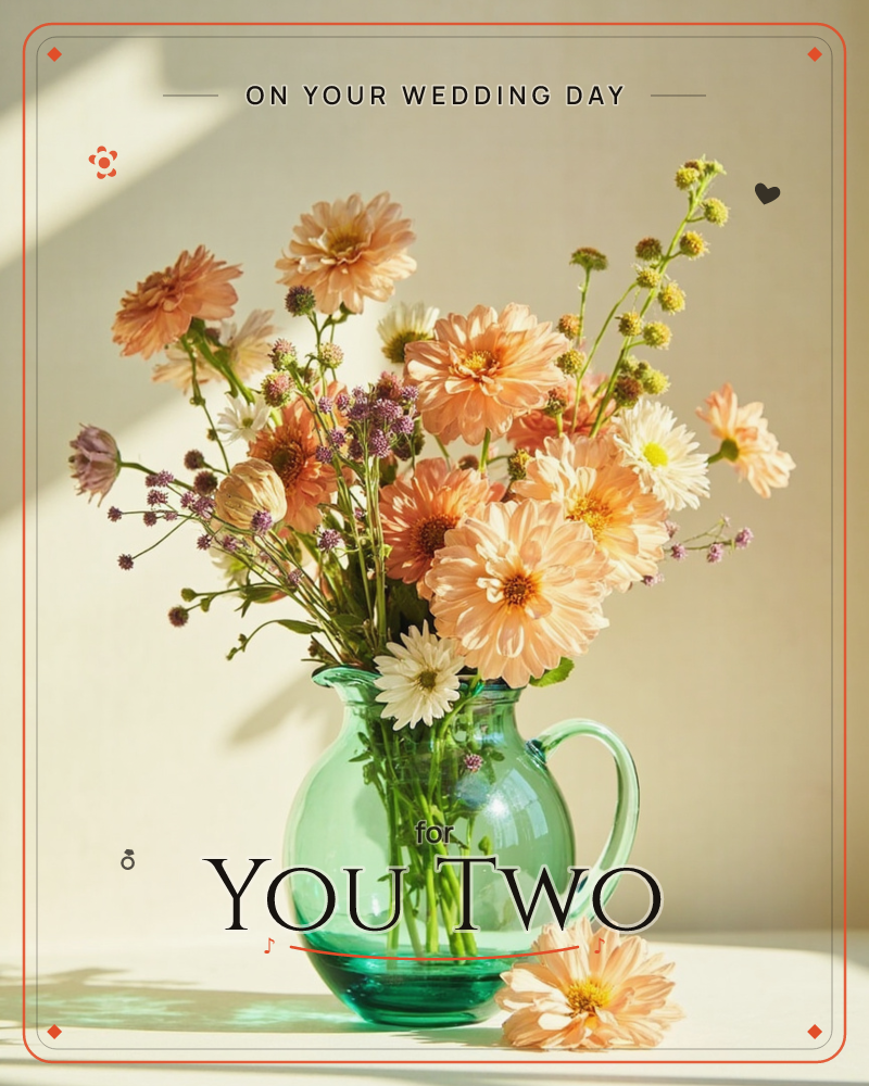A green glass pitcher holds a loose bouquet of peach dahlias, small white daisies, and wispy purple wildflowers, set against a warm cream wall streaked…, a wedding e-card design