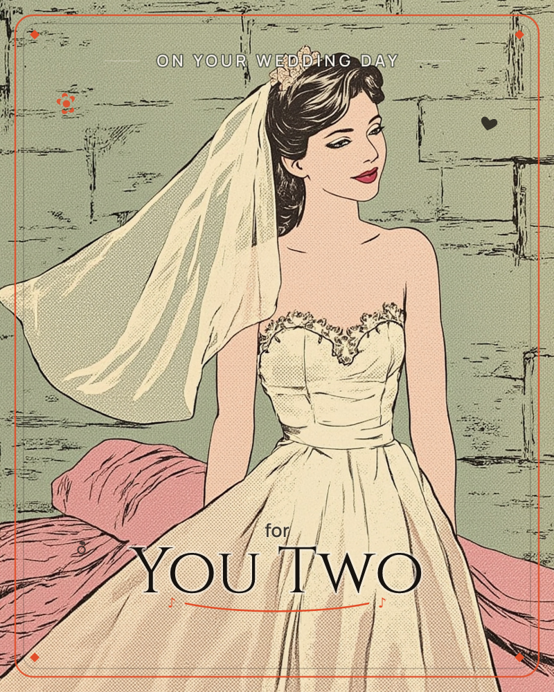 A vintage-style illustration of a woman in a strapless ivory wedding gown with a delicate floral trim, her dark hair swept up beneath a flowing veil…, a wedding e-card design