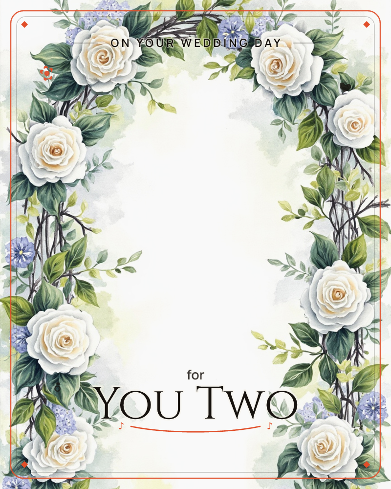 An arched wreath of creamy white roses and small blue blossoms curves around an open, softly glowing centre, with trailing green leaves and slender…, a wedding e-card design