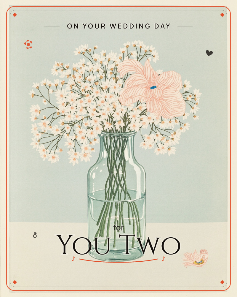 A glass jar of water holds a spray of tiny white blossoms with pale green stems, all crossing beneath the waterline, and one larger pink flower with…, a wedding e-card design