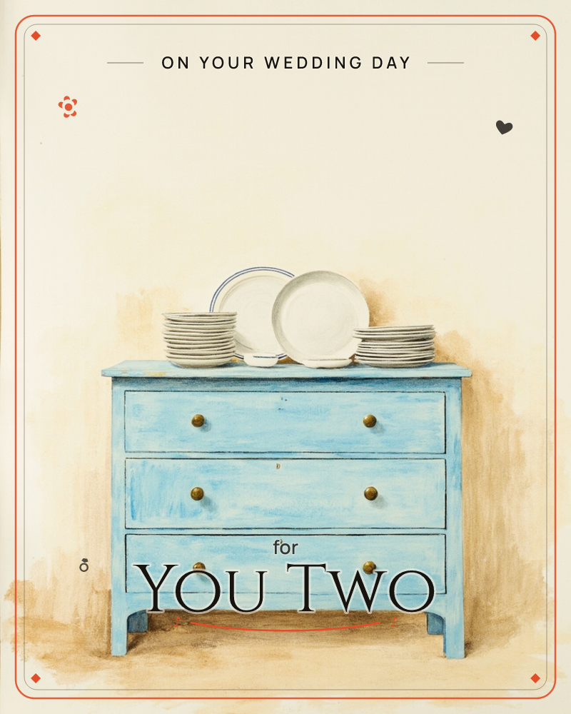 A weathered sky-blue chest of drawers stands against a plain cream wall, its brass knobs slightly tarnished with age, a wedding e-card design