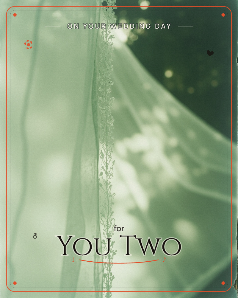 A sheer lace curtain billows softly against a dark, dappled green backdrop, sunlight filtering through the trees beyond, a wedding e-card design