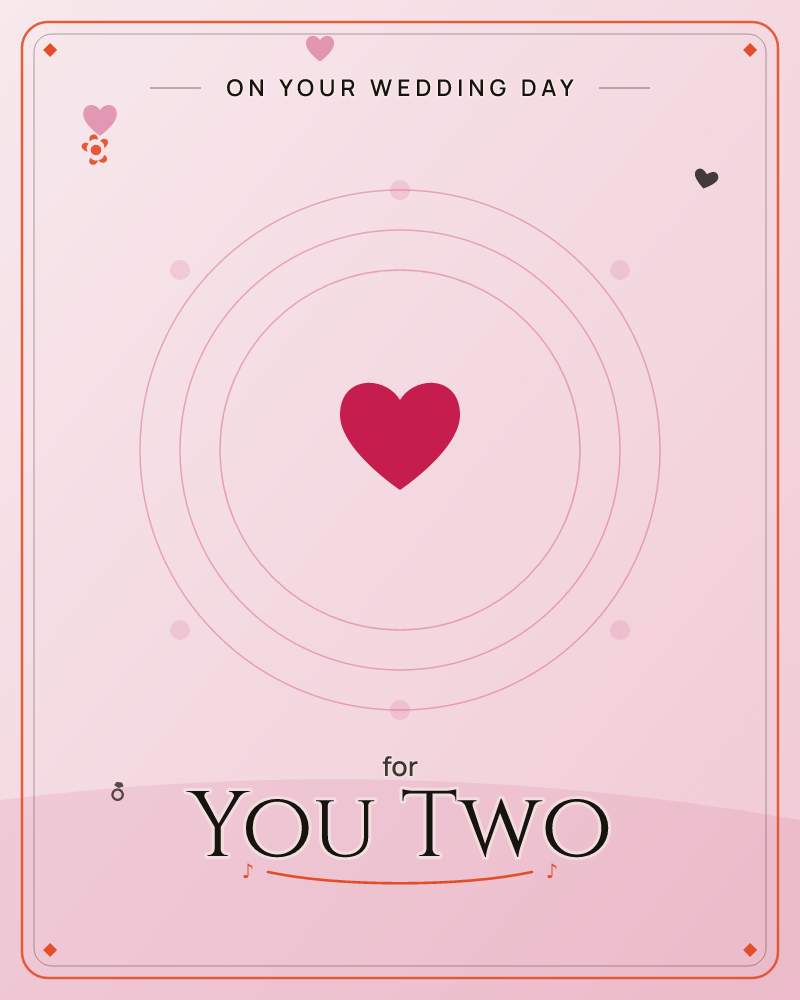 A single crimson heart sits at the centre of concentric pale pink rings, like ripples spreading outward across a soft gradient sky, a wedding e-card design by @DittyCityTeam