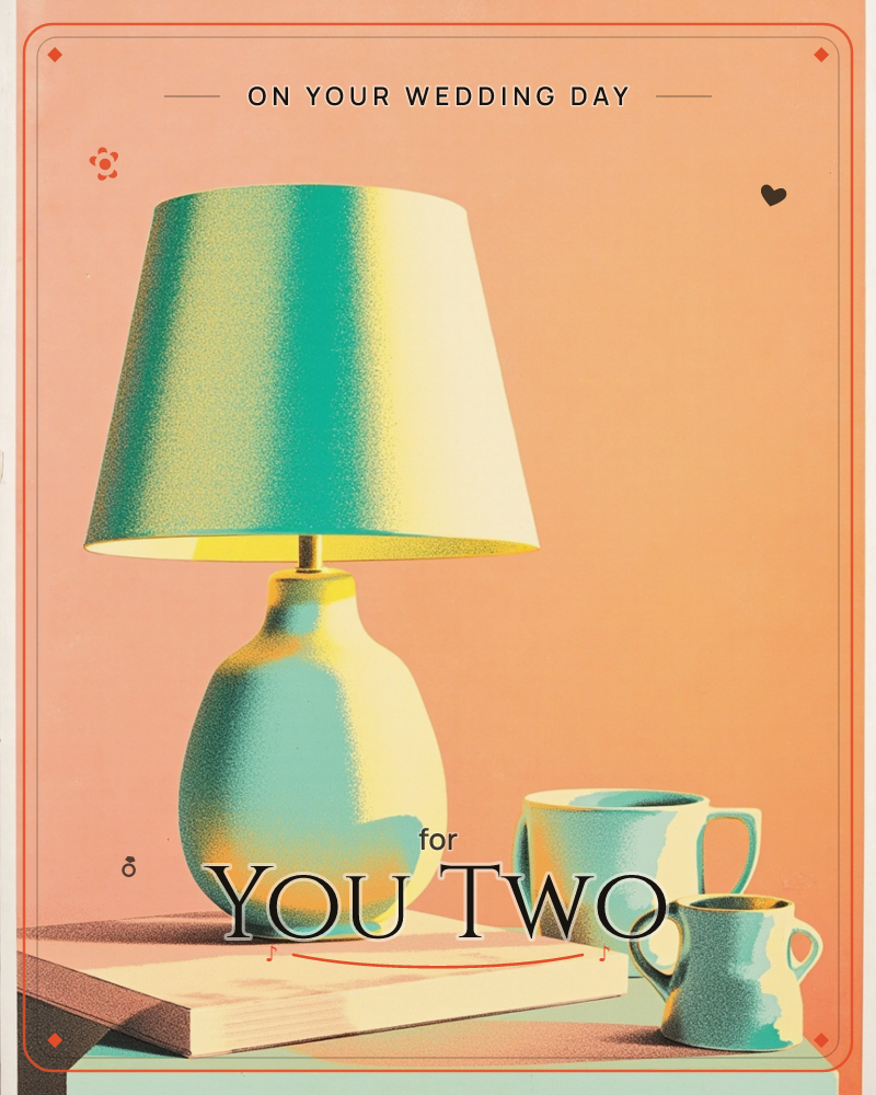 A retro-style still life shows a rounded table lamp with a wide tapered shade sitting atop a stack of books, beside two mismatched mugs of different sizes, a wedding e-card design