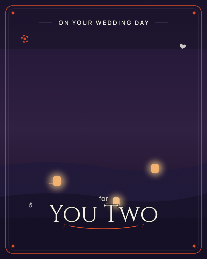A deep purple night settles over softly rolling hills, with three small glowing lanterns hovering like fireflies above the dark ridgeline, a wedding e-card design by @DittyCityTeam
