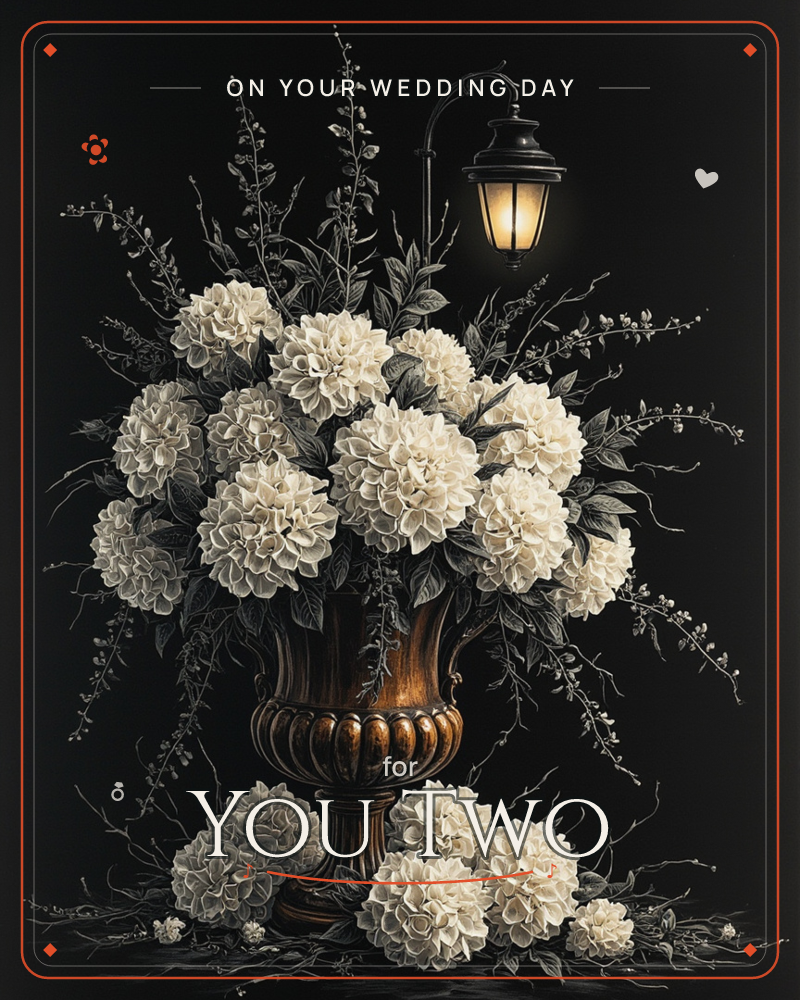 A carved bronze urn overflows with creamy white dahlias and trailing sprigs, set against near-black darkness lit only by a single glowing lantern…, a wedding e-card design