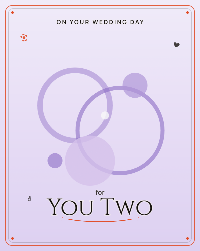 A minimal arrangement of overlapping purple circles floats against a soft vignette background, two large ring outlines crossing paths while smaller…, a wedding e-card design by @DittyCityTeam