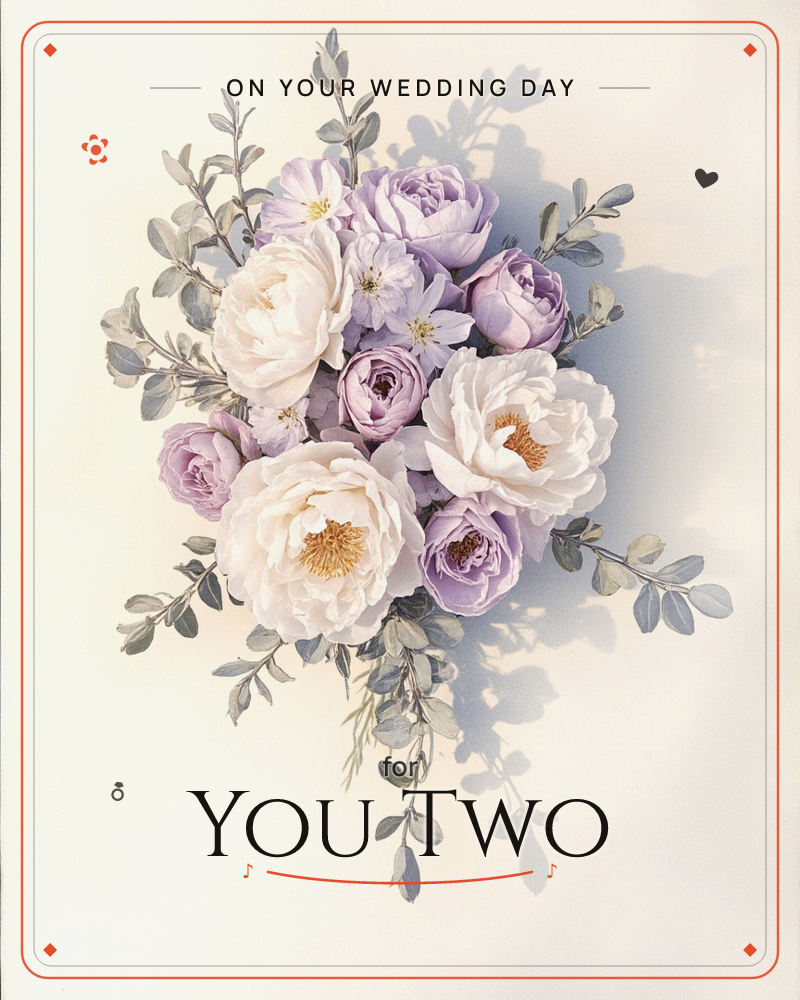 A soft cluster of peonies and roses in cream and lavender sits centered on a pale, vignetted background, with dusty grey-green eucalyptus sprigs…, a wedding e-card design