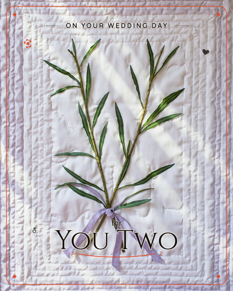 Two slender green sprigs of long, willow-like leaves are tied together with a soft lilac ribbon, laid flat against a quilted ivory fabric backdrop…, a wedding e-card design