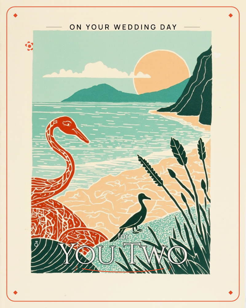 A linocut-style coastal scene shows a large red-orange swan-like bird curving along the shoreline, its body woven with fine textured linework, while a…, a wedding e-card design