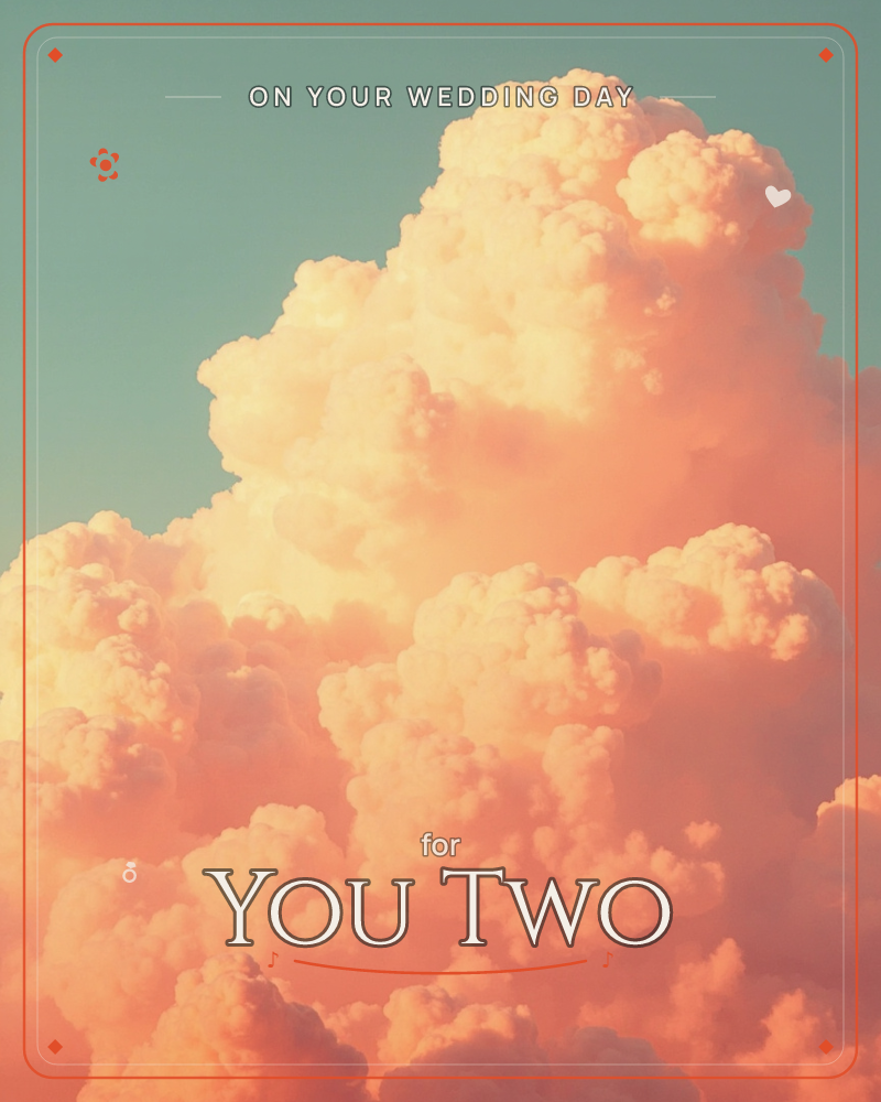 A towering cumulus cloud fills the frame, its billowing folds lit peach and coral by a low sun while the sky behind fades to a soft teal-green, a wedding e-card design