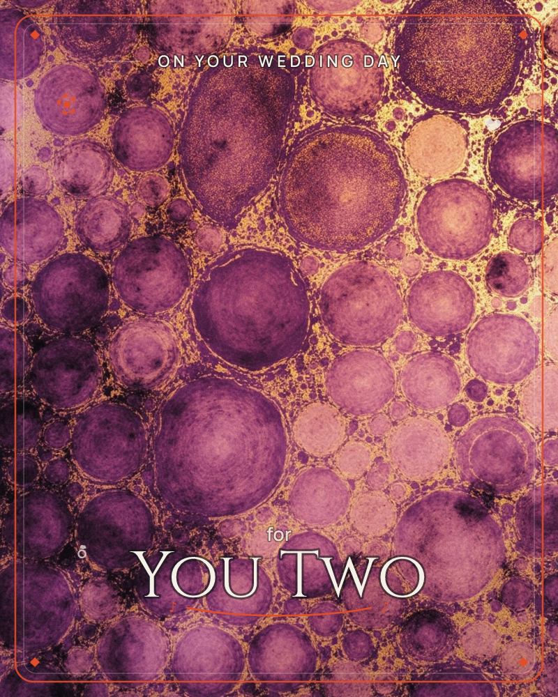 A dense cluster of purple and mauve circles, like bubbles or cells, floats over a shimmering gold ground, a wedding e-card design