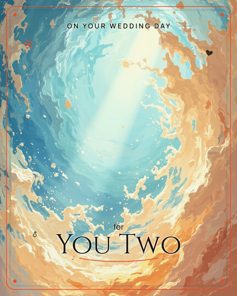 A swirling vortex of clouds and light spirals inward toward a glowing white center, blue and amber tones churning outward in a hypnotic ring, a wedding e-card design