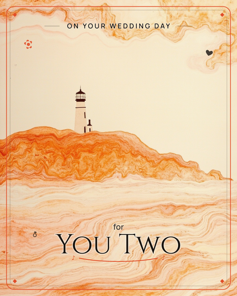 A small white lighthouse stands atop a marbled orange bluff, its swirling amber and cream patterns echoed in both the clouds above and the sea below, a wedding e-card design