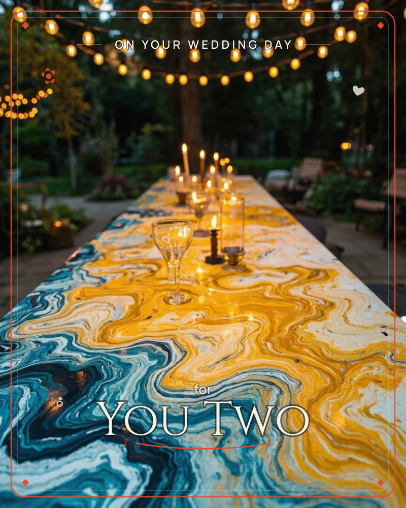 A long outdoor table with a swirling marbled top of blue and gold stretches into the evening garden, lit by candles and strings of overhead lights…, a wedding e-card design