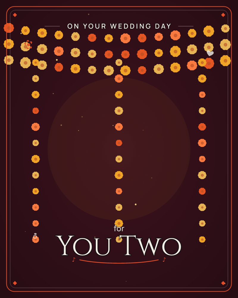 A deep maroon night sky holds a glowing dim moon behind three vertical strands of flower-like discs in amber, gold, and burnt orange, a wedding e-card design by @DittyCityTeam
