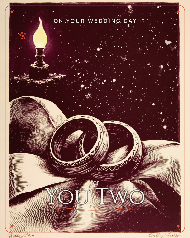 Two engraved wedding bands rest together on a swell of draped fabric beneath a deep maroon, star-scattered sky, with a single oil lamp glowing on a…, a wedding e-card design