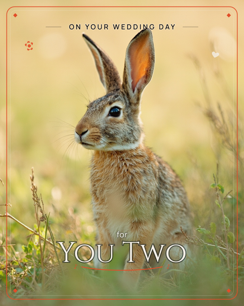 A wild hare sits upright in tall grass, ears alert and catching the warm glow of late sunlight, its dark eye fixed watchfully to one side, a wedding e-card design