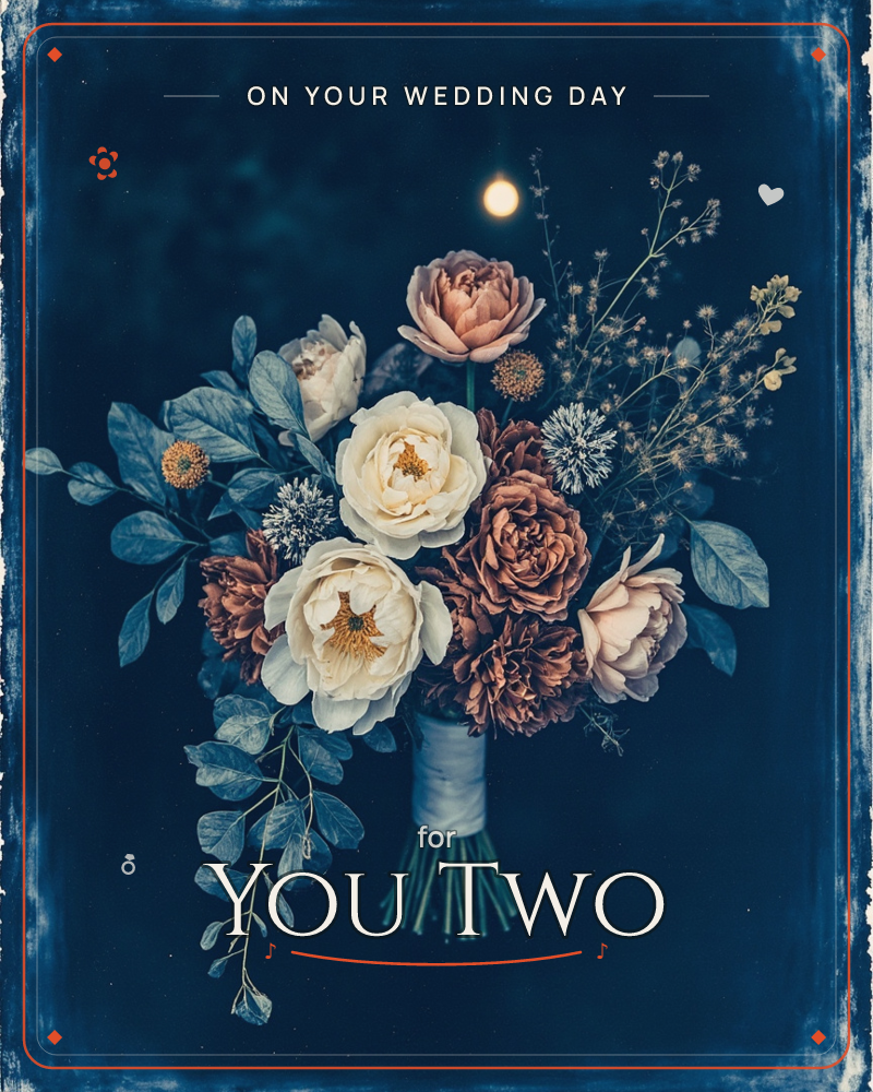 A hand-tied bouquet of cream peonies, rust-orange roses, and dusty pink blooms glows softly against an almost-black midnight background, with a single…, a wedding e-card design