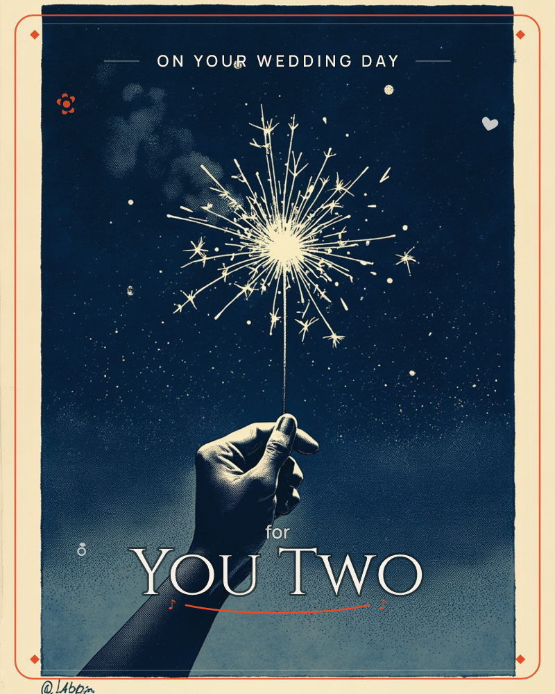 A hand rises against a deep midnight-blue sky, holding a sparkler that bursts into a starry crown of light, a wedding e-card design