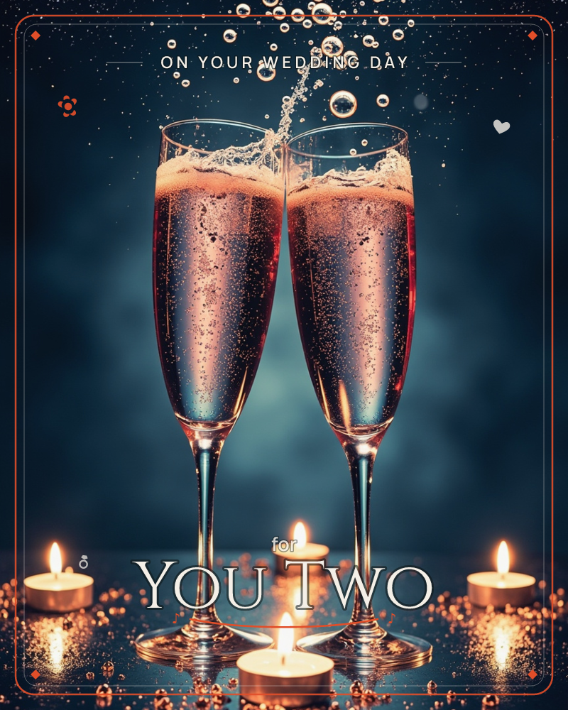 Two champagne flutes clink together against a deep midnight-blue backdrop, their rosy-gold liquid fizzing upward in a spray of bubbles caught mid-air, a wedding e-card design