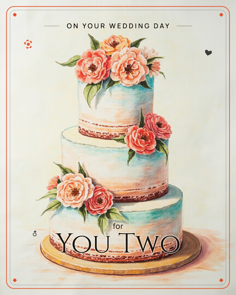 A three-tiered cake stands against a soft vignetted backdrop, its frosting brushed in pale mint and cream with a trim of dark red at each base, a wedding e-card design