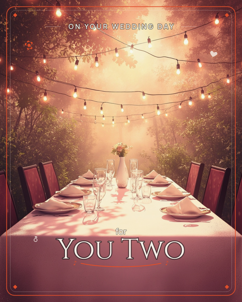 A long table is set for a garden dinner, draped in white linen with folded napkins, glassware and a pale vase of flowers running down its centre, a wedding e-card design