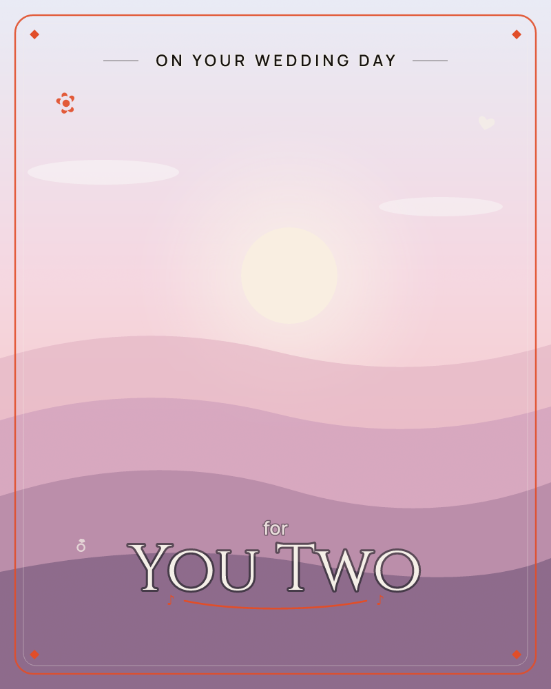 A soft pale sun hangs low over layered waves of pink and mauve hills, with two small clouds drifting in a hazy grey-pink sky, a wedding e-card design by @DittyCityTeam
