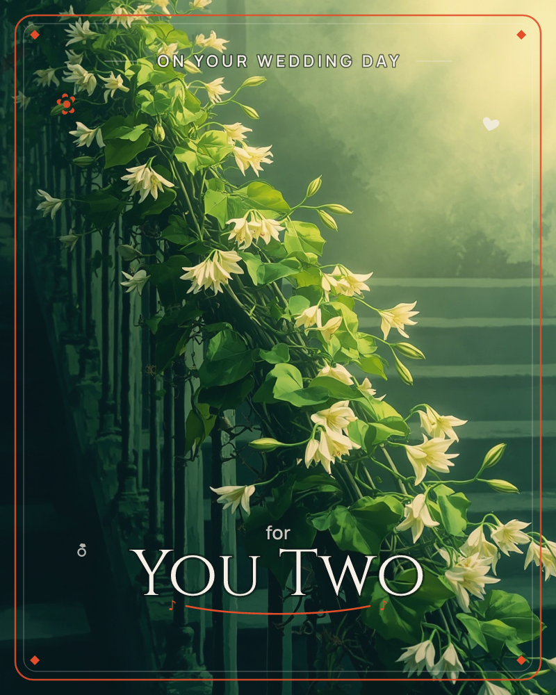 A trailing vine of pale trumpet-shaped flowers and heart-shaped leaves spills down a weathered stone staircase and iron railing, caught in a soft…, a wedding e-card design