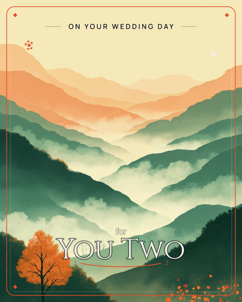 Layered mountain ridges fade from deep forest green in the foreground to soft peach and cream in the far distance, with mist pooling low in the valleys…, a wedding e-card design