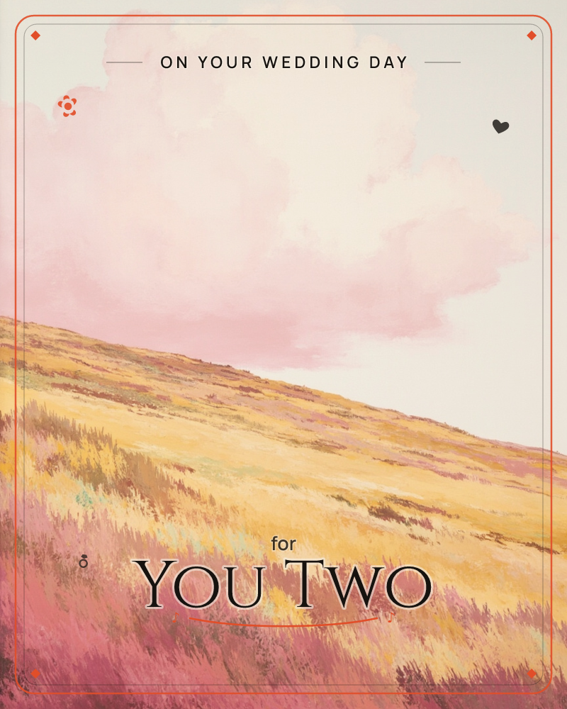 A sloping hillside is rendered in golden grasses and pink-flowered heather, rising to meet a pale sky filled with a single billowing pink-tinged cloud, a wedding e-card design