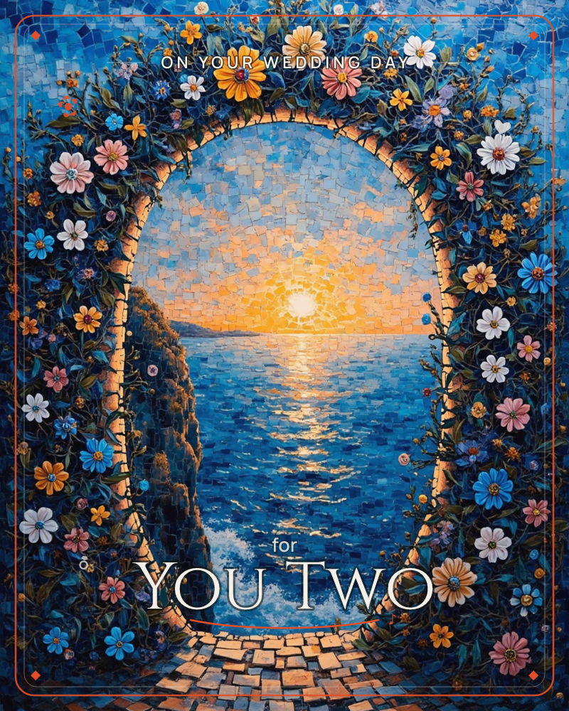 A stone archway draped in wild flowering vines frames a glowing sunset over open sea, the sun's reflection rippling across mosaic-textured water, a wedding e-card design
