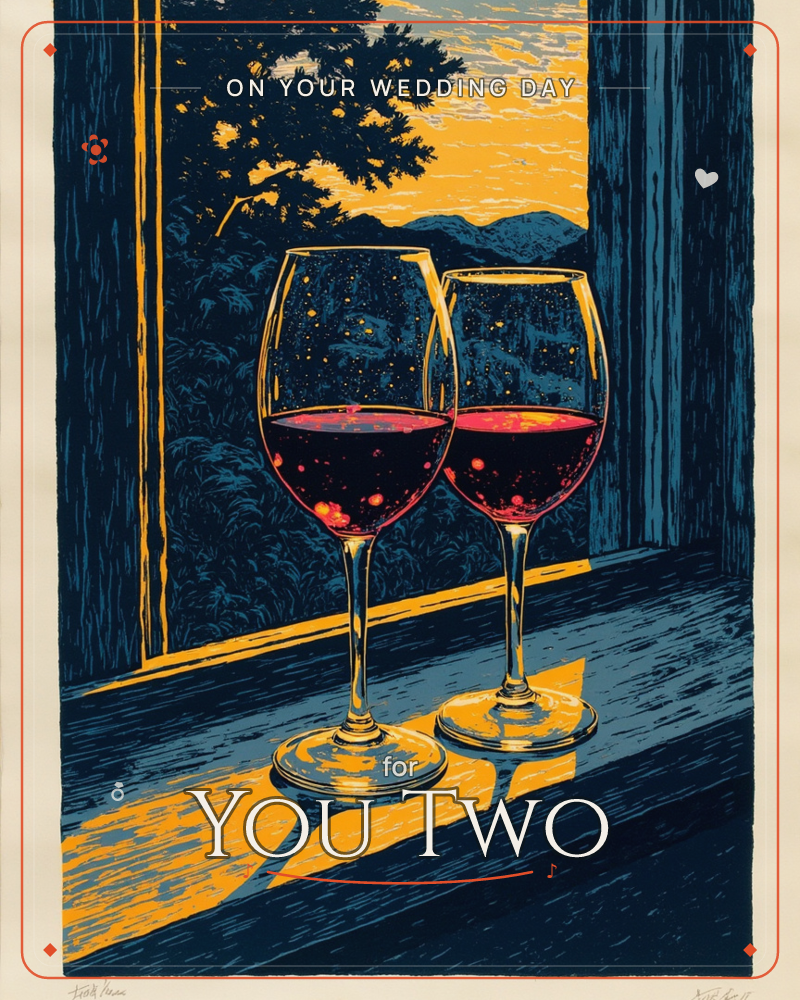 Two glasses of red wine catch the light on a wooden windowsill, framed by heavy dark curtains, with a mountain silhouette and a glowing amber sunset…, a wedding e-card design