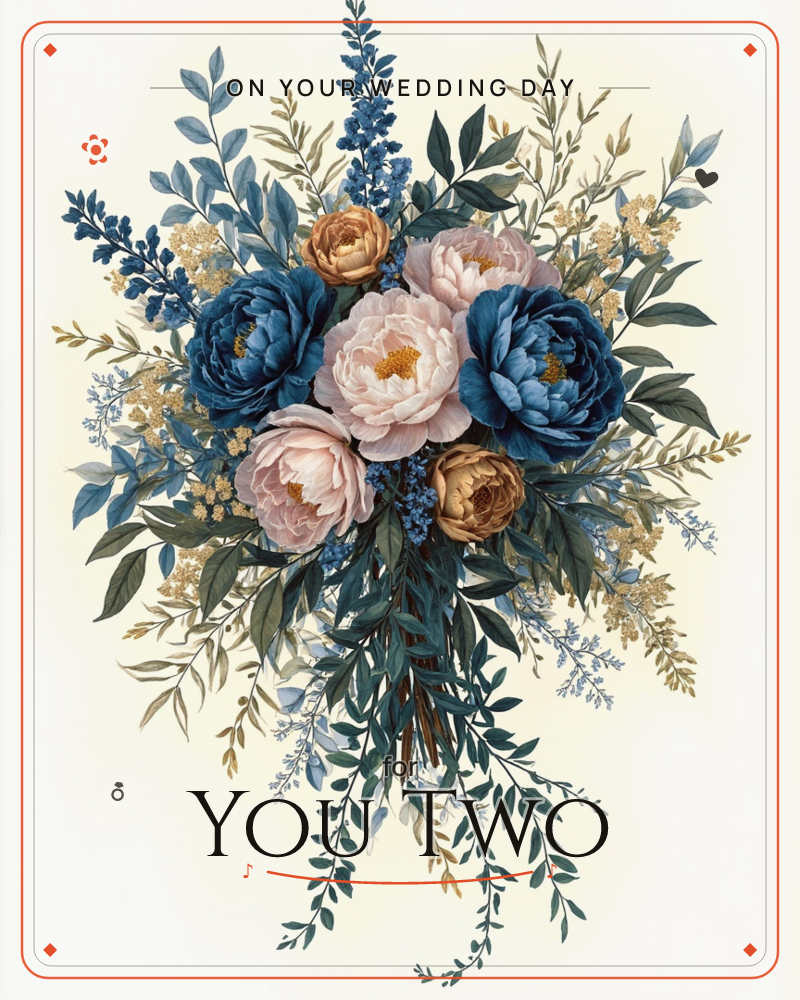 A full, trailing bouquet of navy and dusty pink peonies mingles with muted gold blooms, blue delphinium spikes, and cascading green foliage, all bound…, a wedding e-card design