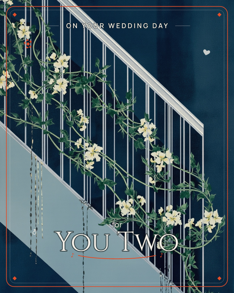 A staircase banister with pale spindles is wound with a trailing vine of creamy white flowers and green leaves, set against a deep navy wall, a wedding e-card design