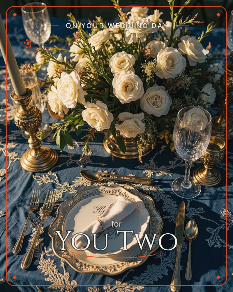 An elegant table setting glows in warm evening light, with a lush arrangement of ivory roses and greenery centered between gold candlesticks and…, a wedding e-card design