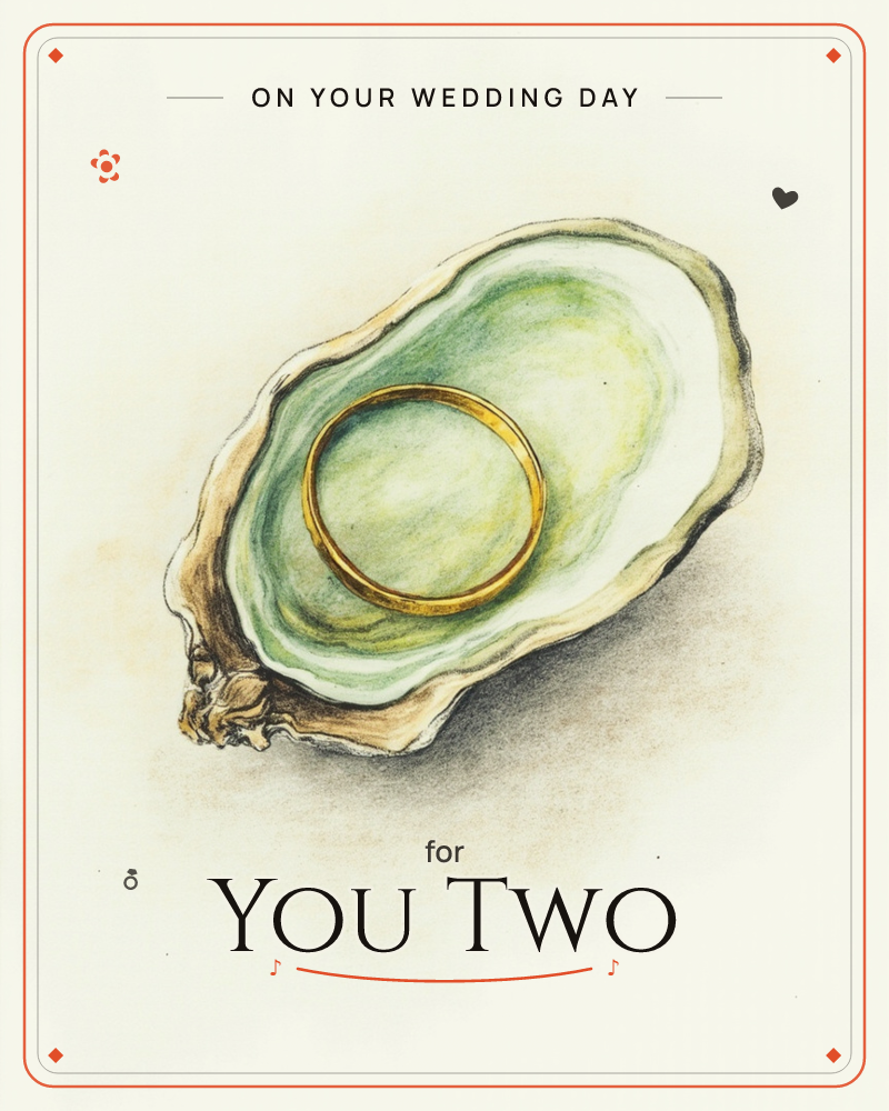 An open oyster shell rests at the centre of the page, its rough tan exterior giving way to a pearly green-white interior, and nestled inside is a plain…, a wedding e-card design