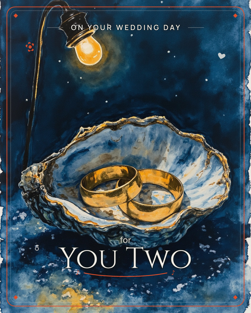 Two gold rings rest inside an open oyster shell, its pearlescent interior glowing blue and white under a single hanging bulb, a wedding e-card design
