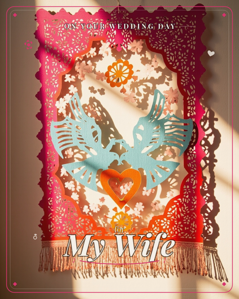 A layered papel-picado style card shows two turquoise doves facing each other above an orange heart, framed by lace-like cutwork in magenta and cream, a wedding e-card design